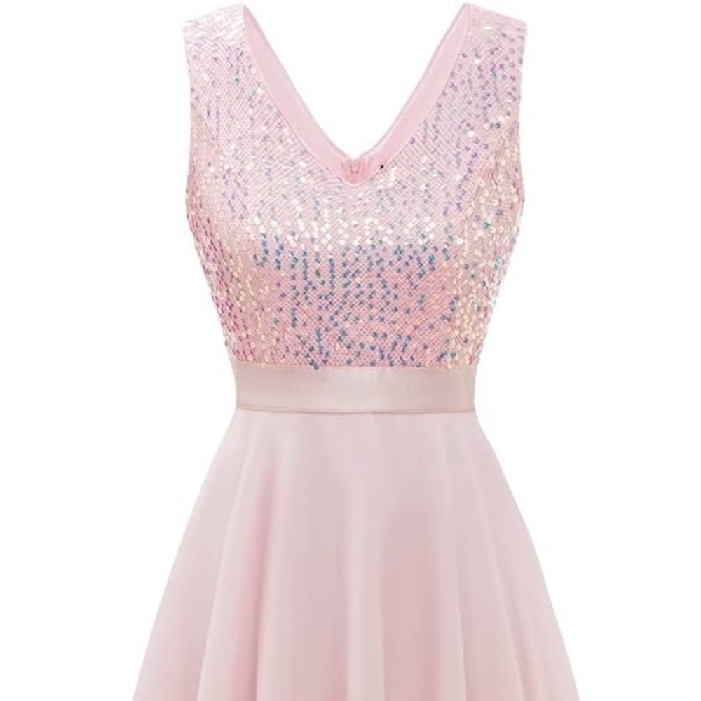 New Meetjen Women's Sequin Asymmetrical Handkerchief Hem Chiffon Party Dress